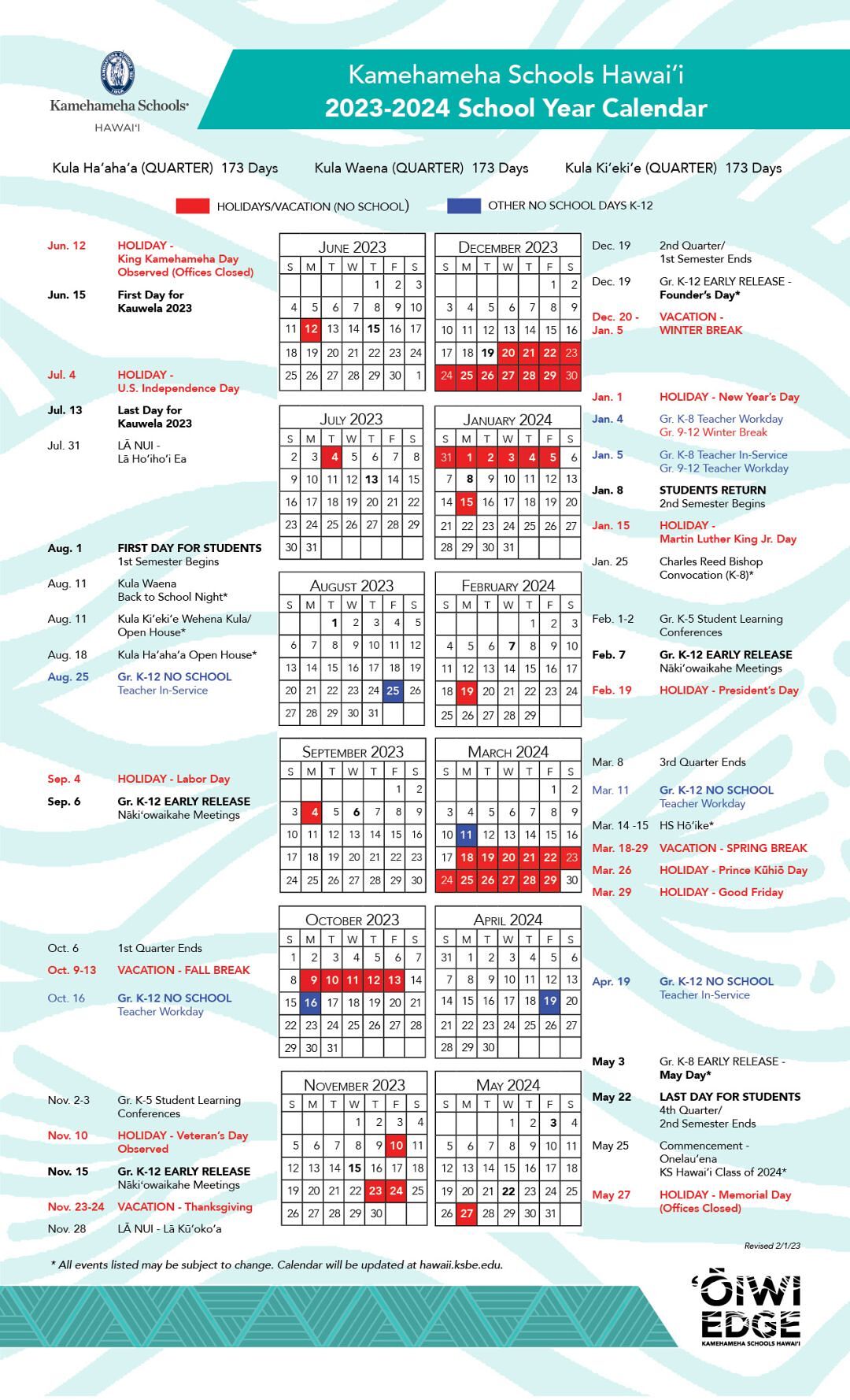 2023 2024 K 12 Student School Year Calendar Now Available Kamehameha Schools